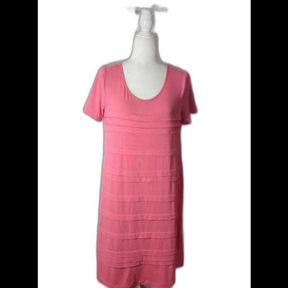 (Gb17) Chadwicks Women’s Pink Tiered Pleated Short Sleeve Scoop Neck Dress, M